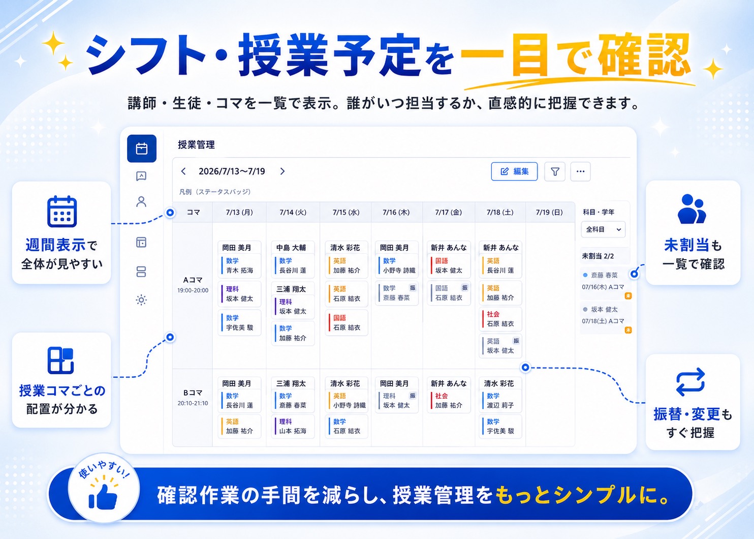 シフト・授業管理画面のイメージ